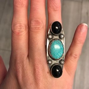 Turquoise, onyx and sterling silver ring